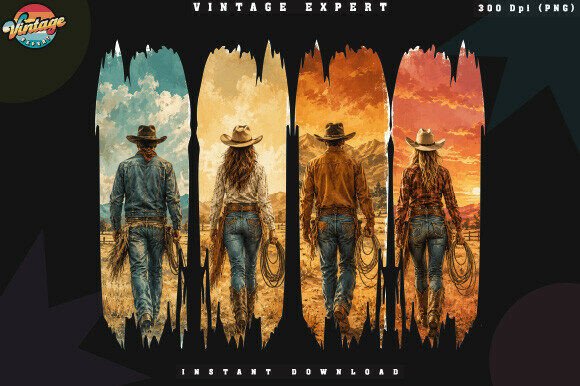 Download Vintage Western Cowboy Sunset Scene PNG - Premium Resources